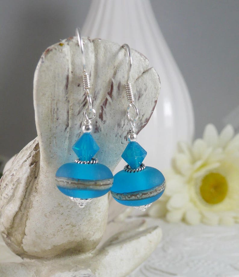 Lamp Work Earrings Blue and Sterling Silver Gifts for Her image 1