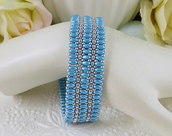 Woven Bracelet Summer Blue Super Duos with Silver Gifts for Her