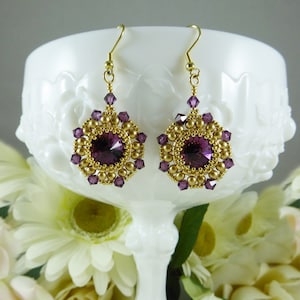 Earrings Crystal Amethyst and Gold Pearl Medallion Style Gifts for Her