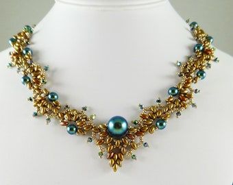 Woven Pearl Necklace and Earrings with Green Swarovski and Golden Beads, Vine Necklace