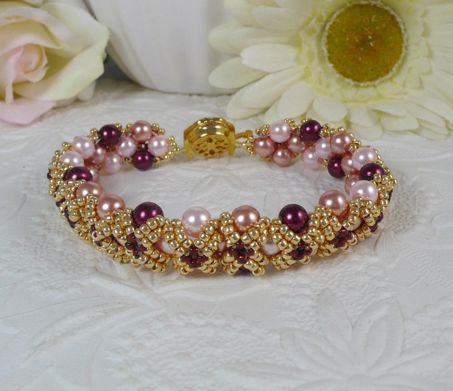 Woven Pearl Bracelet Embellished Golden Seed Beads Pink and Etsy