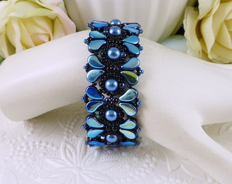 Woven Bracelet and Earrings, Bright Blue and Black, Butterfly Paisley Duo