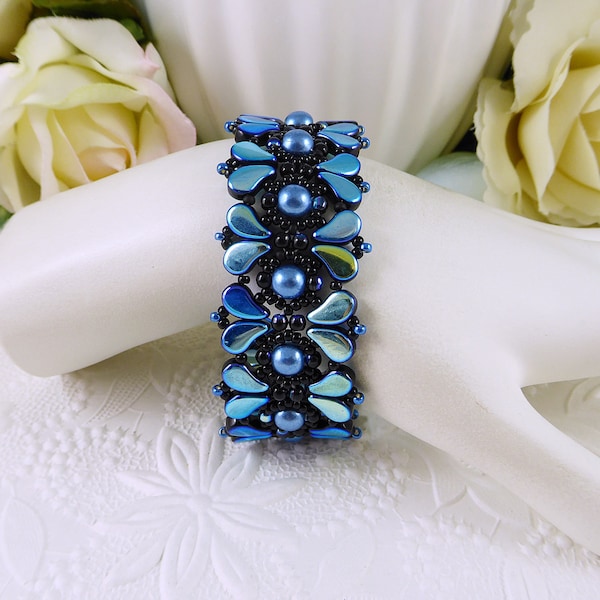 Woven Bracelet and Earrings, Bright Blue and Black, Butterfly Paisley Duo