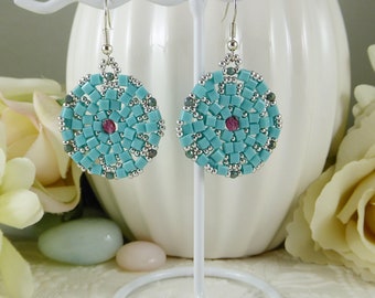 Woven Earrings Mandala Style Turquoise Cubes