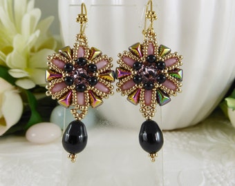 Swarovski Crystal Earrings Jet Black with Pink Accents