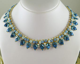 Necklace Blue Flowers, Teal Ginko Beads, Floral Necklace