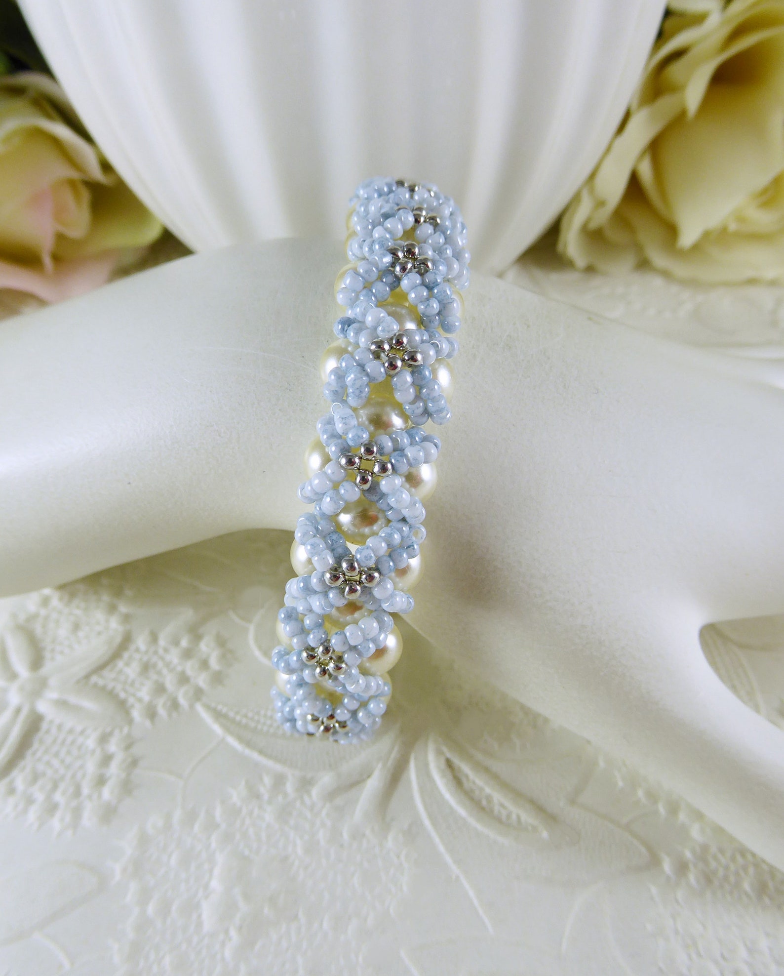 Woven Pearl Bracelet Embellished Light Blue Seed Beads Etsy