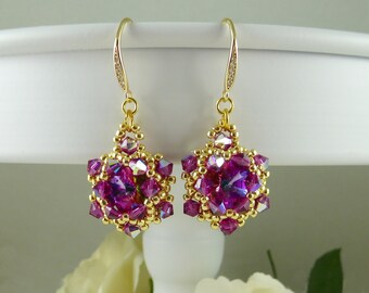 Earrings Crystal Fuchsia, Medallion Style, Gifts for Her