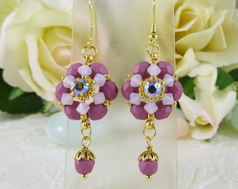 Woven Flower Earrings Matte Rose and Rose Opal Crystal, Crystal Dangle Earrings