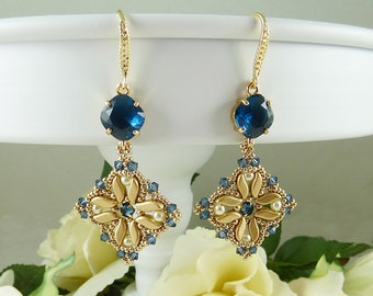 Crystal Earrings Montana Blue and Gold, Cushion Cut Drops