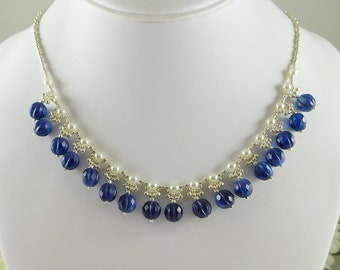 Necklace and Earrings Set Pearl and Sapphire Blue Fluted Accent Drops, Gifts for Her