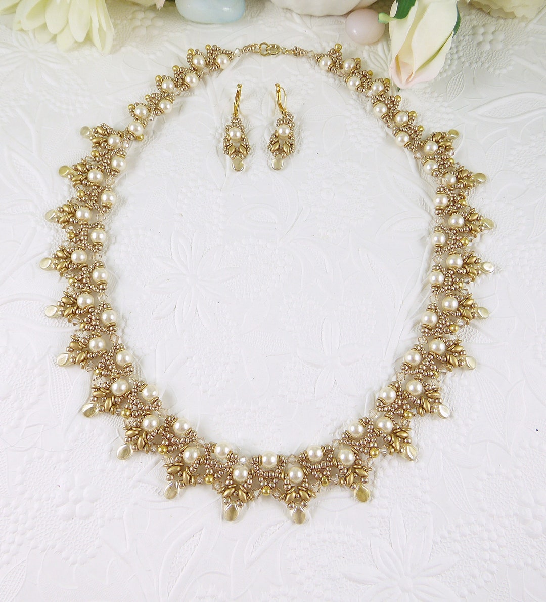 Necklace and Earrings Set Pearl and Golden Beads and Crystal Accents - Etsy