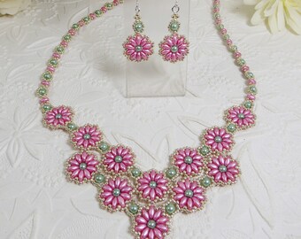 Woven Flower Necklace and Earrings Pink Gifts for Her