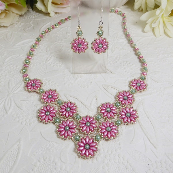 Woven Flower Necklace and Earrings Pink Gifts for Her