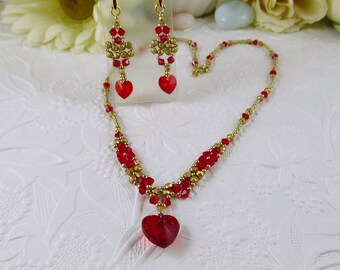 Red Heart Necklace and Earrings Set, Valentine Jewelry, Crystal Hearts