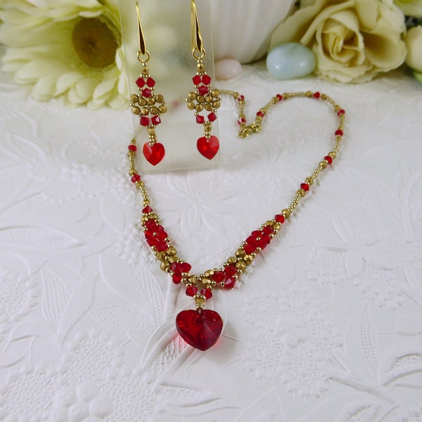 Red Heart Necklace and Earrings Set, Valentine Jewelry, Crystal Hearts