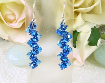 Blue ABx2 Crystal Earrings, Woven Spiral Design