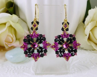 Crystal Earrings Fuchsia and Black, Statement Earrings