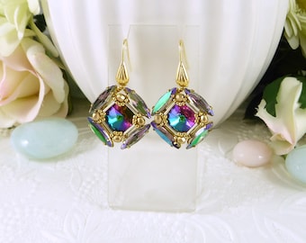 Earrings Crystal Purple Volcano and Vitrail Medallion Style, Gifts for Her