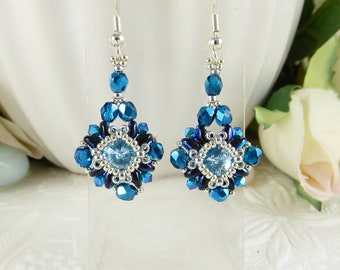 Woven Crystal Earrings Aquamarine and Jet AB, Swarovski Crystal Earrings, Gifts for Her