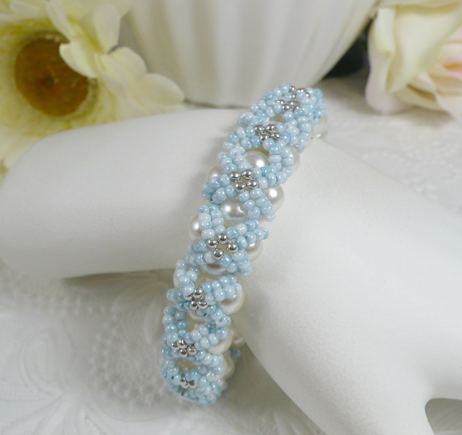 Woven Pearl Bracelet Embellished Light Blue Seed Beads Etsy