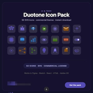 May include: A dark purple graphic with the text "AI & TECH" and "Duotone Icon Pack." The image displays a grid of 20 duotone icons in various shapes and colors. Below the icons is the text "50 SVG icons commercial license instant download."