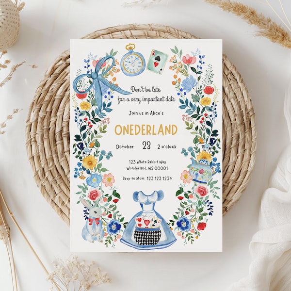 Alice im Wunderland-Einladung, Blumen erster Geburtstag einladen, Onederland-Einladung