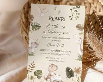 May include: A baby shower invitation with a dinosaur theme. The invitation features illustrations of dinosaurs, foliage, and the text "ROWR! A little one is hatching soon!" The invitation is for Olivia Smith's baby shower, scheduled for November 23rd.