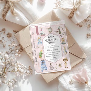 May include: A baby shower invitation with a pink and white design, featuring illustrations of storybook characters. The invitation reads "A New Chapter Begins" and includes event details. The invitation is on a kraft paper envelope.