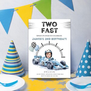May include: A rectangular birthday invitation card featuring the text TWO FAST and a watercolor illustration of a child in a helmet driving a light blue race car with the number 2. Includes balloons, a speedometer graphic, and event details.