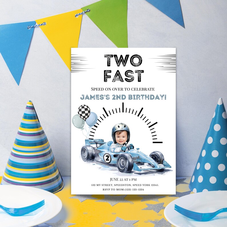 May include: A rectangular birthday invitation card featuring the text TWO FAST and a watercolor illustration of a child in a helmet driving a light blue race car with the number 2. Includes balloons, a speedometer graphic, and event details.