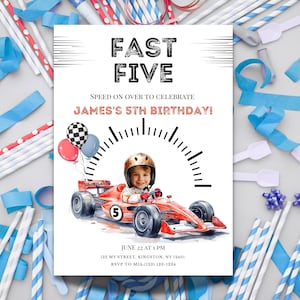 May include: A birthday invitation with the text "FAST FIVE" and "JAMES'S 5TH BIRTHDAY!". It features a watercolor illustration of a child in a red race car, wearing a helmet. Balloons and a speedometer graphic are also included.