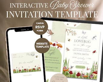 Invitación para baby shower "Un pequeño bichito de amor", plantilla web "Bujito de amor" con confirmación de asistencia, editable en Canva.