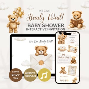 Sitio web de invitaciones para baby shower "We Can Bearly Wait" y paquete de invitaciones móviles con diseño de oso.