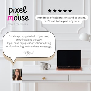 May include: A graphic featuring the text pixel & mouse create memories, five stars, and a message: Hundreds of celebrations and counting, can't wait to be part of yours. A speech bubble contains: I'm always happy to help if you need anything along the way. If you have any questions about editing or downloading, just send me a message. Nicole.