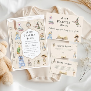 May include: Baby shower stationery set with a storybook theme. The invitation reads "A New Chapter Begins" with event details. Accompanying cards include "Diaper Raffle" and "Books for Baby". The design features illustrations of storybook characters.