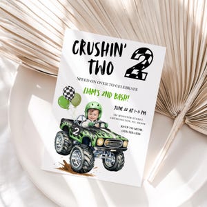 May include: A party invitation with the text "Crushin' Two" and a graphic of a child in a monster truck. The invitation includes event details and a request to RSVP. Green and black accents are used throughout the design.