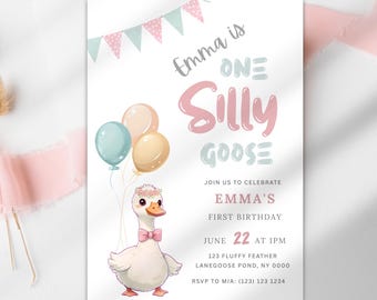 Silly Goose First Birthday Invitation: Editable Girl Template (Digital Download)