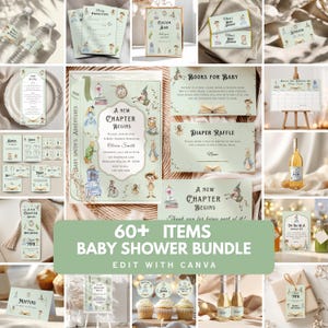Puede incluir: Un conjunto de artículos de papelería para baby shower con un tema caprichoso de libro de cuentos. El conjunto incluye invitaciones, juegos, letreros y etiquetas, todos con ilustraciones de personajes de cuentos y colores pastel suaves. El texto "A New Chapter Begins" es visible.