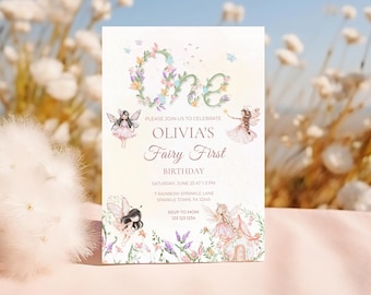 Fairy First Birthday Invitation, Girl 1st Birthday, Canva Template