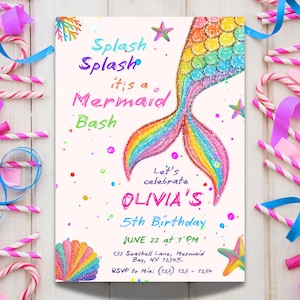 Mermaid Birthday Invitation - Crayon Effect (Canva Template, Digital Download)