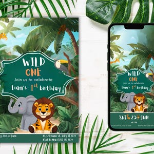 Invitación de cumpleaños de Wild One Safari: Animales de la selva (Descarga digital)