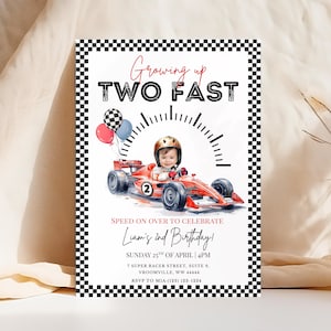 Convite de aniversário "Crescendo Rápido Demais", Tema Carro de Corrida Vermelho, Convite para 2º Aniversário