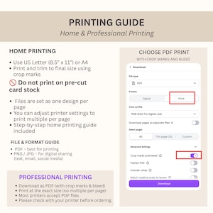 May include: A printing guide infographic titled Printing Guide Home & Professional Printing. It includes instructions for home printing on 8.5 inch by 11 inch or A4 paper, file format advice, and a visual of a PDF download menu with print settings.