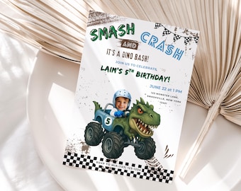 Dinosaur Monster Truck Invitation - Editable in Canva - All Ages
