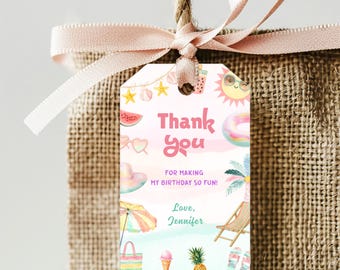 May include: A pink gift tag with a summer theme, featuring a sun, watermelon, and sunglasses. The tag says "Thank you" and "For making my birthday so fun!" with a name below. It is tied to a burlap bag with a pink ribbon.