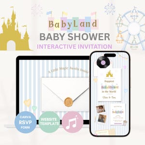 May include: A digital BabyLand baby shower interactive invitation displayed on a laptop screen and a smartphone. The design features a gold castle, a Ferris wheel, and pastel stripes. Text includes BabyLand, Baby Shower, and Interactive Invitation.