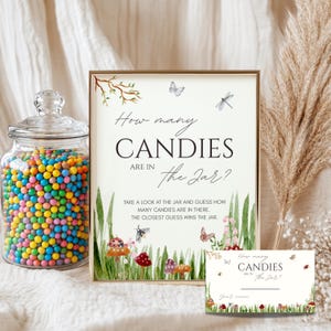 Op de afbeelding: Een glazen pot gevuld met kleurrijke ronde snoepjes naast een rechthoekig bord met de tekst How many CANDIES ARE IN the Jar? met aquarelillustraties van paddenstoelen, insecten en gras, plus een bijpassend klein raadkaartje.