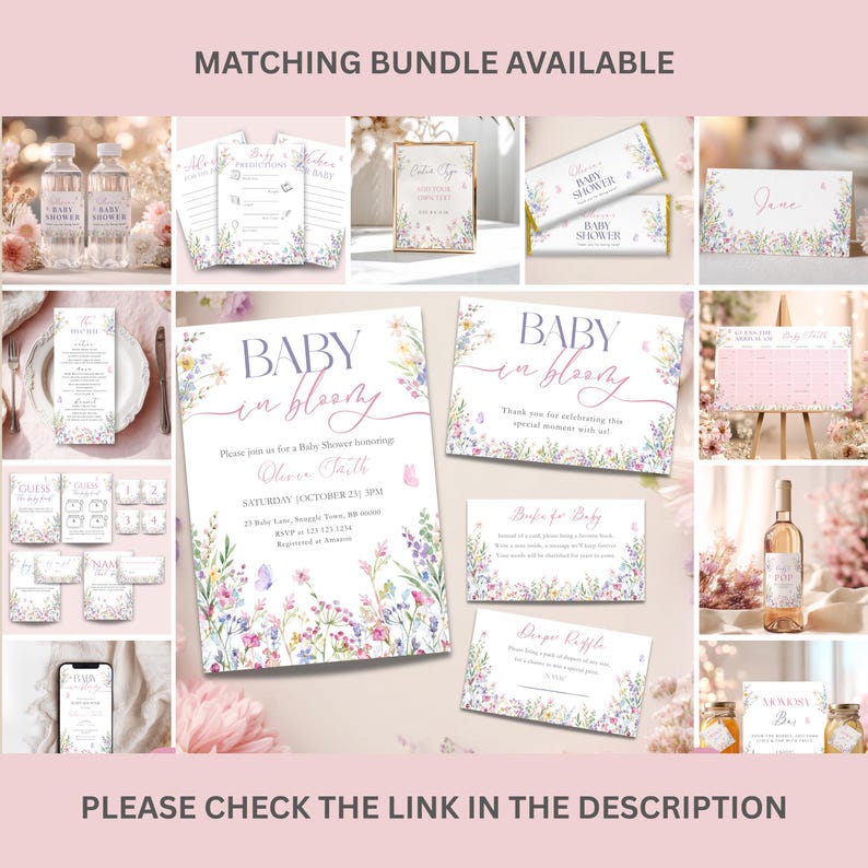 May include: A collection of baby shower stationery with floral designs. The set includes invitations, cards, and signs with the text "Baby in Bloom" and "Baby Shower". The color palette features soft pinks, purples, and greens.