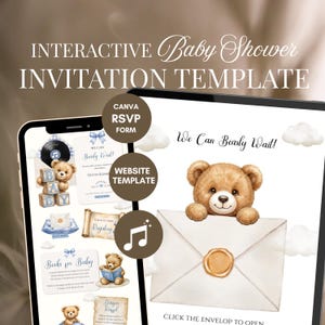 Puede incluir: Plantilla interactiva de invitación para baby shower con diseño de osito de peluche. Muestra el texto "We Can Bearly Wait!" y opciones para un formulario RSVP de Canva y una plantilla de sitio web. Tema: baby shower.
